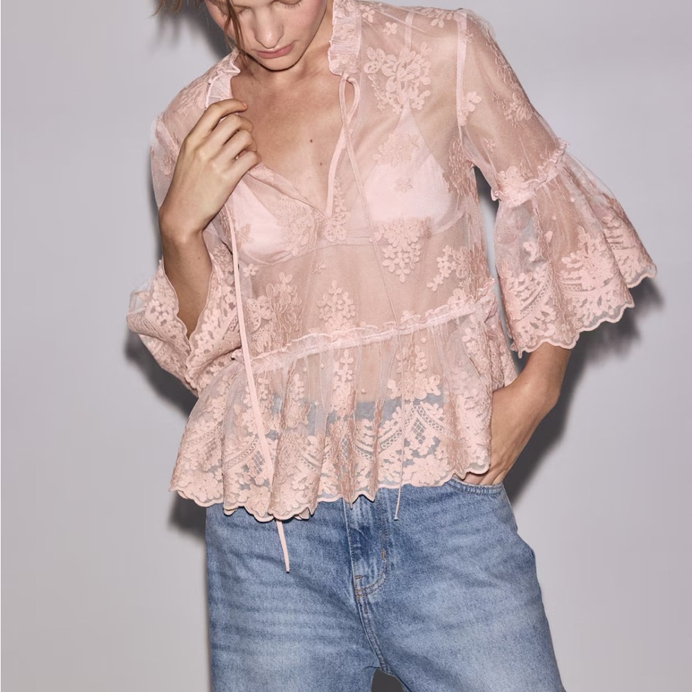 Powder Pink Lace Blouse Drawstring Neck XS NWT
